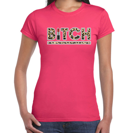 Fout Bitch lipstick t-shirt met panter print roze voor dames - dierenprint fun tekst shirt / outfit