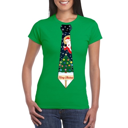 Groen kerst T-shirt voor dames - Kerstman en kerstboom stropdas print