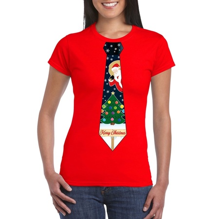 Rood kerst T-shirt voor dames - Kerstman en kerstboom stropdas print