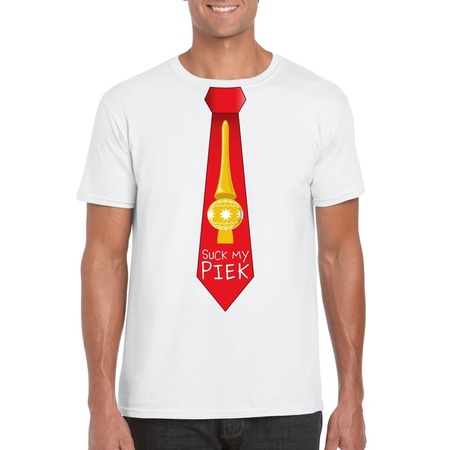 Wit kerst T-shirt voor heren - Suck my Piek rode stropdas print