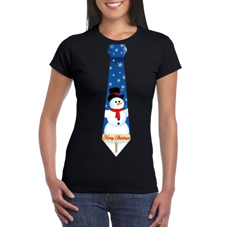 Zwart kerst T-shirt voor dames - Sneeuwpoppen stropdas print
