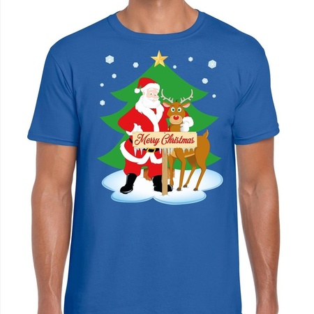 Foute Kerst t-shirt met de kerstman en rendier Rudolf blauw voor heren