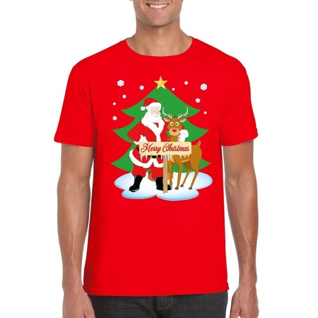 Foute Kerst t-shirt met de kerstman en rendier Rudolf rood voor heren