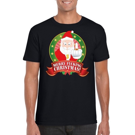 Foute Kerst t-shirt zwart gangster Kerstman - Merry Fucking Christmas voor heren - Kerst shirts