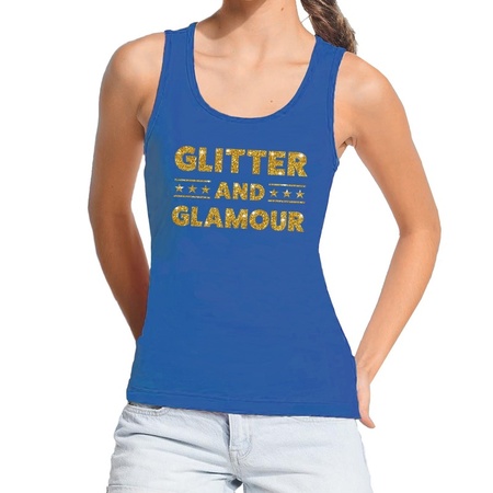 Glitter and Glamour gouden tekst tanktop / mouwloos shirt blauw dames - dames singlet Glitter and Glamour