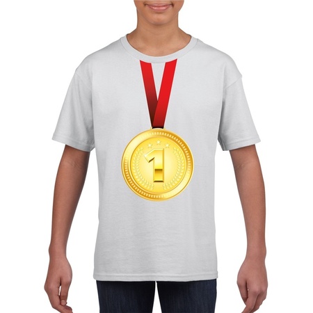 Gouden medaille kampioen shirt wit jongens en meisjes - Winnaar shirt Nr 1 kinderen