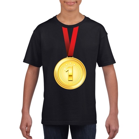 Gouden medaille kampioen shirt zwart jongens en meisjes - Winnaar shirt Nr 1 kinderen