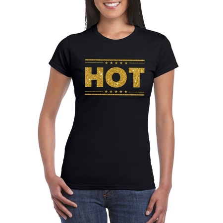 Zwart Hot shirt in gouden glitter letters dames