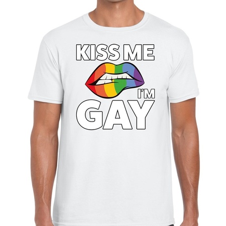 Kiss me i am gay t-shirt wit voor heren -  Gay pride kleding