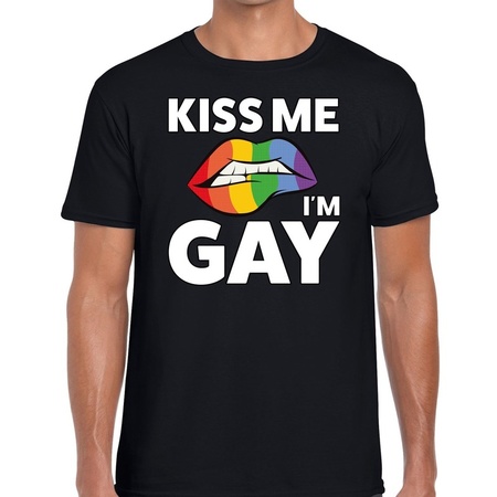Kiss me i am gay t-shirt zwart voor heren -  Gay pride kleding