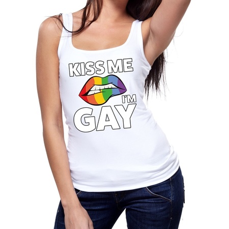 Kiss me i am gay tanktop / mouwloos shirt wit voor dames -  Gay pride kleding
