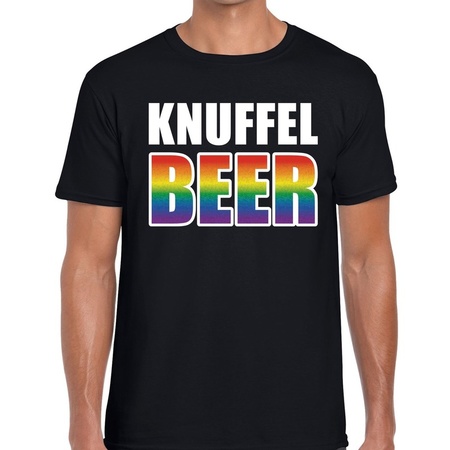 Knuffel beer gaypride t-shirt - zwart shirt met regenboog tekst voor heren - Gay pride
