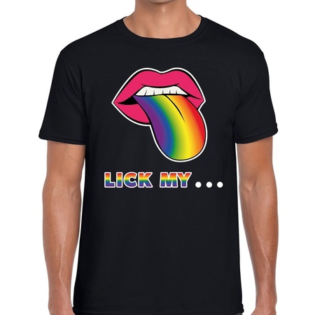 Lick my... gaypride t-shirt - zwart shirt met mond/ tong in regenboog kleuren voor heren - Gay pride