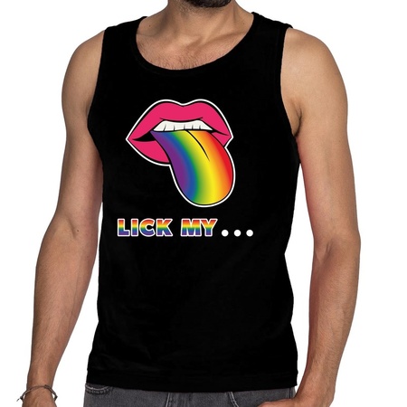 Lick my... gay pride tanktop/mouwloos shirt - zwart singlet met mond/ tong in regenboog kleuren voor heren - lgbt kleding