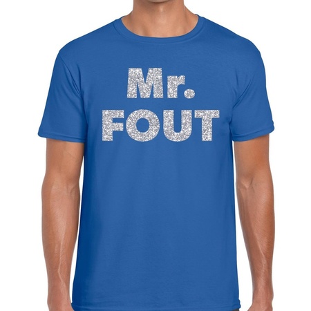 Mr. Fout zilveren glitter tekst t-shirt blauw heren - Foute party kleding