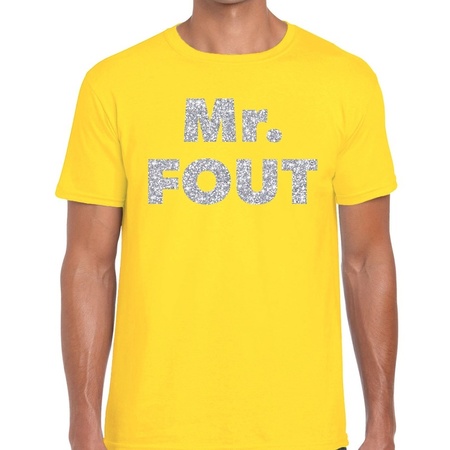 Mr. Fout zilveren glitter tekst t-shirt geel heren - Foute party kleding