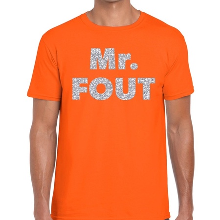 Mr. Fout zilveren glitter tekst t-shirt oranje heren - Foute party kleding