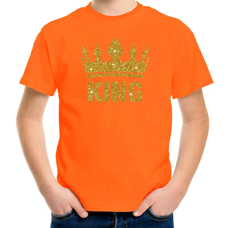 Oranje King gouden glitter kroon t-shirt kinderen - Oranje Koningsdag/supporter kleding