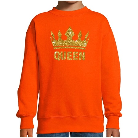 Oranje Koningsdag gouden glitter Queen sweater / trui kinderen - Oranje Koningsdag kleding met gouden print
