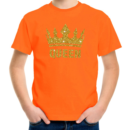 Oranje Queen gouden glitter kroon - t-shirt kinderen - Oranje Koningsdag kleding