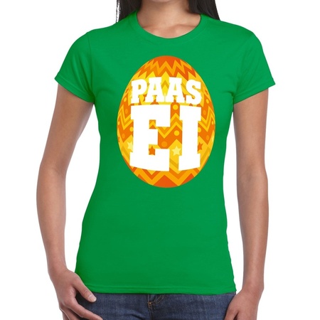Groen Paas t-shirt met oranje paasei - Pasen shirt voor dames - Pasen kleding