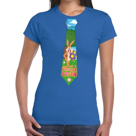 Blauw Paas t-shirt met paashaas stropdas - Pasen shirt voor dames - Pasen kleding