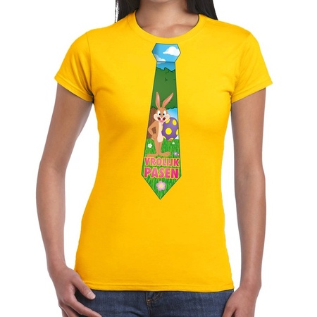 Geel Paas t-shirt met paashaas stropdas - Pasen shirt voor dames - Pasen kleding