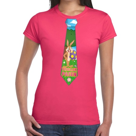 Roze Paas t-shirt met paashaas stropdas - Pasen shirt voor dames - Pasen kleding