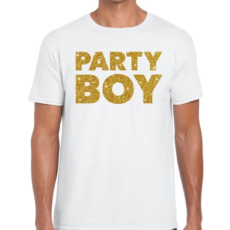 Party Boy gouden glitter tekst t-shirt wit heren - heren shirt Party Boy