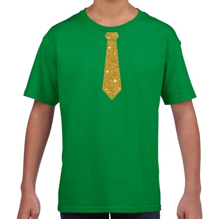 Groen fun t-shirt met stropdas in glitter goud kinderen - feest shirt voor kids