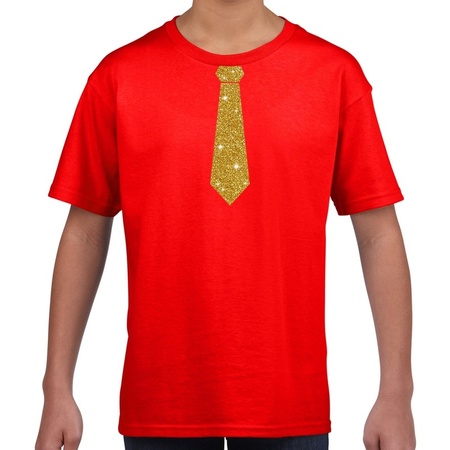 Rood fun t-shirt met stropdas in glitter goud kinderen - feest shirt voor kids