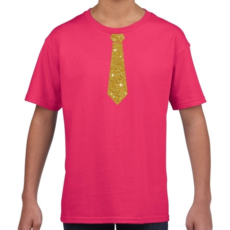 Roze fun t-shirt met stropdas in glitter goud kinderen - feest shirt voor kids