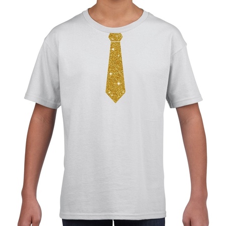 Wit fun t-shirt met stropdas in glitter goud kinderen - feest shirt voor kids