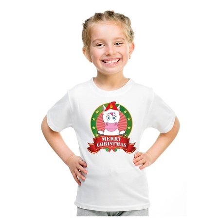 Kerst t-shirt voor kinderen met eenhoorn print - voor jongens en meisjes - wit
