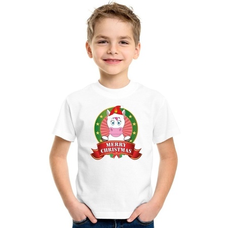 Kerst t-shirt voor kinderen met eenhoorn print - voor jongens en meisjes - wit
