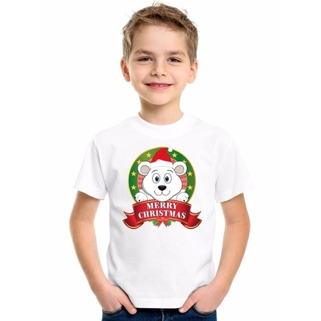 Kerst t-shirt voor jongens met ijsbeer print - wit - shirt voor jongens en meisjes