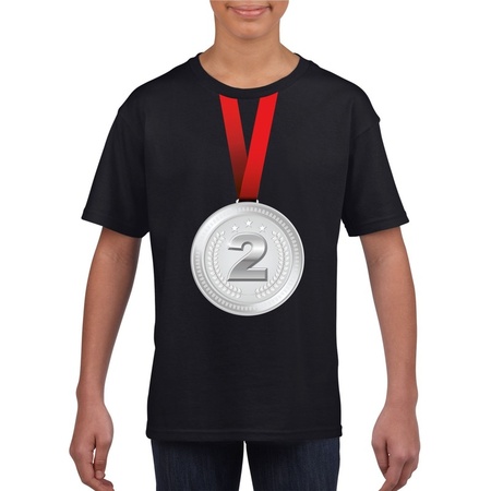 Zilveren medaille kampioen shirt zwart jongens en meisjes - Winnaar shirt Nr 2 kinderen