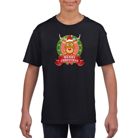 Kerst t-shirt voor kinderen met rendier Rudolf print - zwart - Kerst shirts voor jongens en meisjes